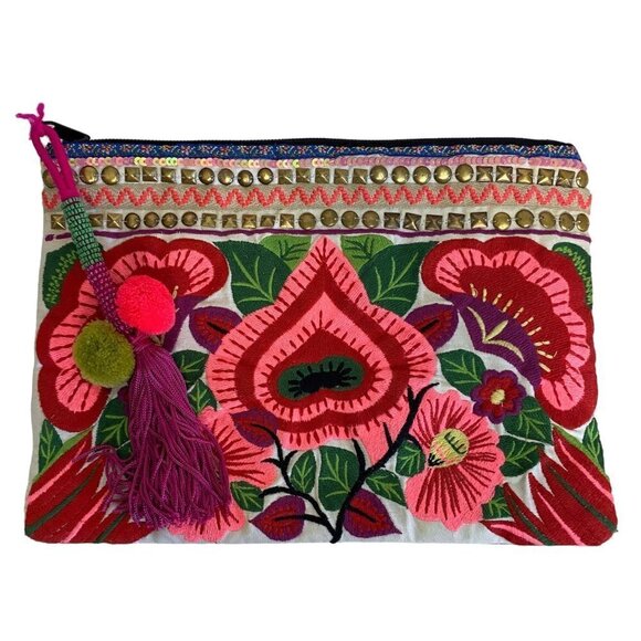Asos Embroidered Clutch Boho Bag Fabric Leather - Picture 3 of 12